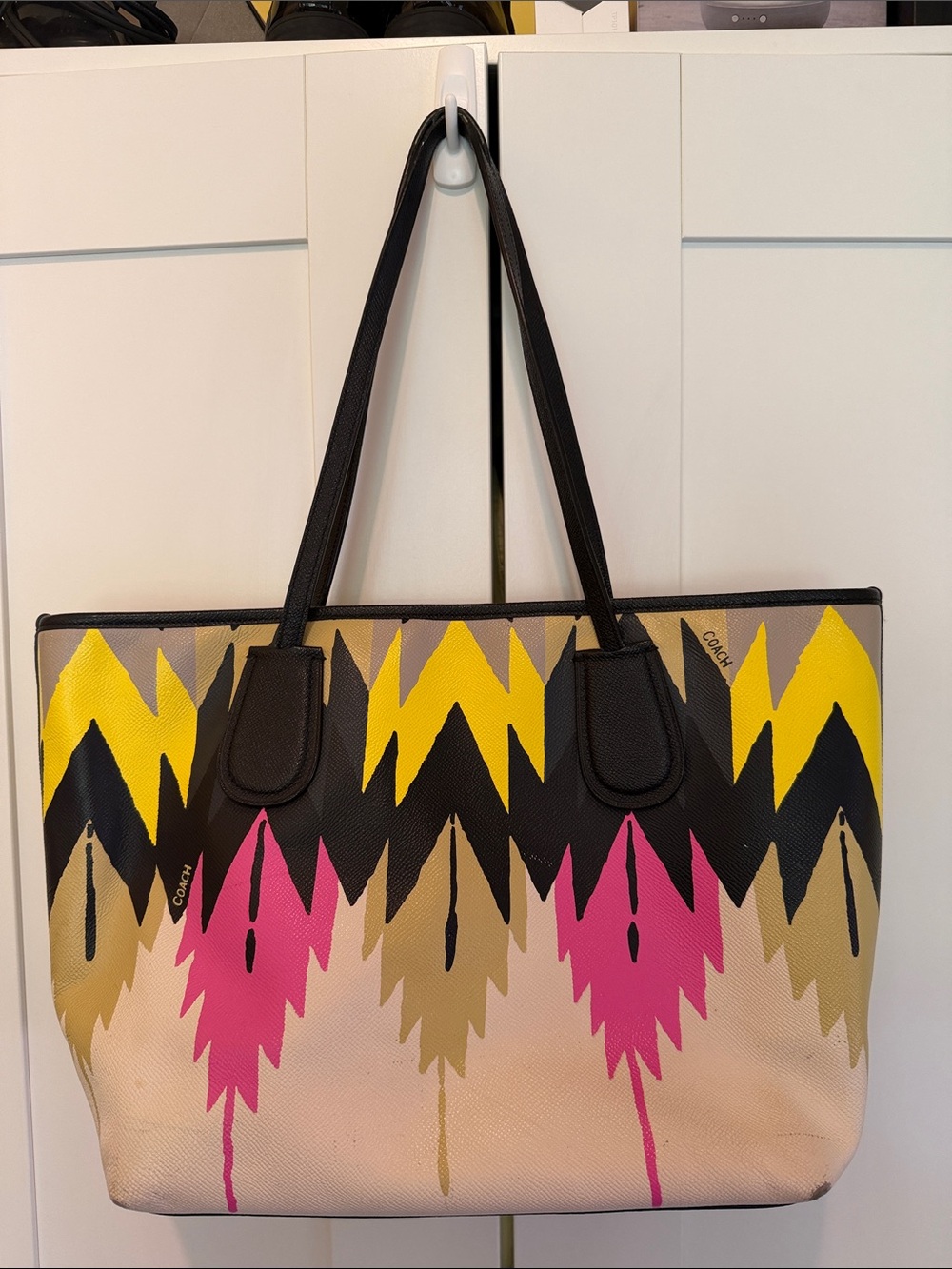Coach Tote with Pink, Yellow, Black and Tan Paint-Stripe Design - Picture 3 of 13